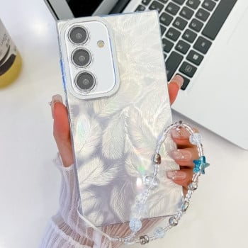 Протиударний чохол Plating Glitter Texture Chain Wristband TPU для Samsung Galaxy S24 FE 5G - White Feathers