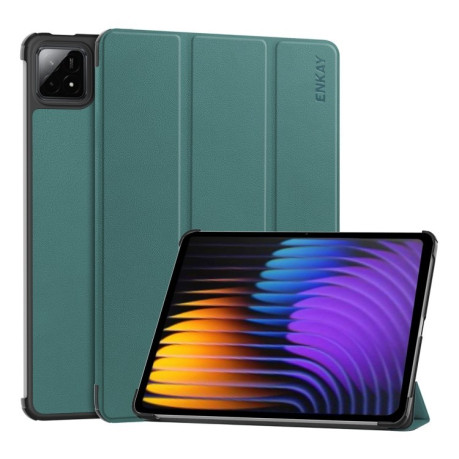 Чехол ENKAY Tri-fold Custer Texture Leather Smart для Xiaomi Pad 7 / 7 Pro - зеленый