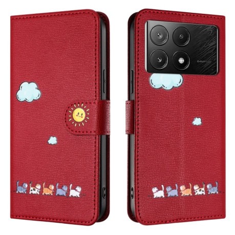 Чохол-книжка Cartoon Cats Leather для Xiaomi Poco X6 Pro - червоний