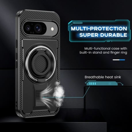 Противоударный чехол Ring Holder Carbon Fiber PC Hybrid TPU для Google Pixel 9 / 9 Pro - черный
