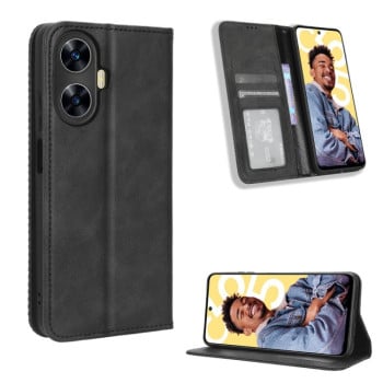 Чохол-книжка Magnetic Buckle Retro Crazy Horse Texture для Realme C55 4G - чорний
