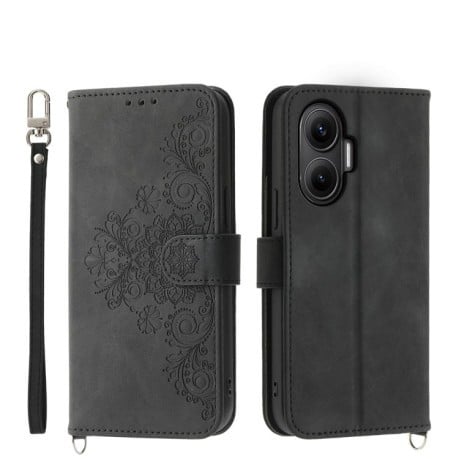 Чехол-книжка Skin-feel Flowers Embossed для Xiaomi Poco F7 - черный