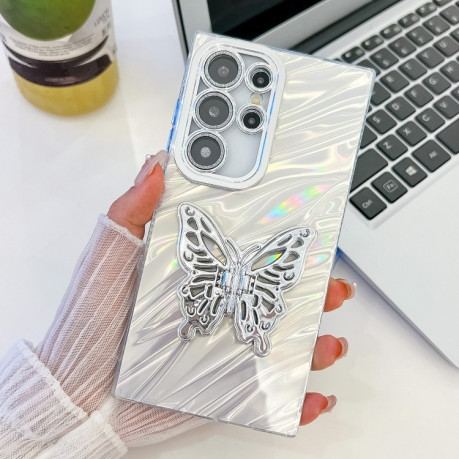 Противоударный чехол Plating Glitter Texture Butterfly для Samsung Galaxy S25 Ultra 5G - White Water Ripples