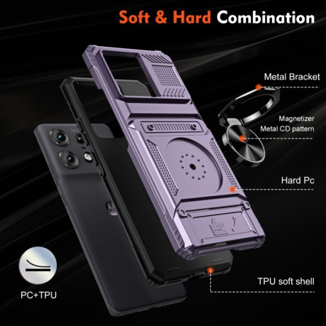 Протиударний чохол Shockproof Card Slot Phone Case with Metal Ring Holder для Motorola Edge 50 Pro - фіолетовий