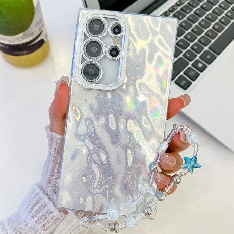 Противоударный чехол Plating Glitter Texture Chain для Samsung Galaxy S25 Ultra 5G - White Wrinkles