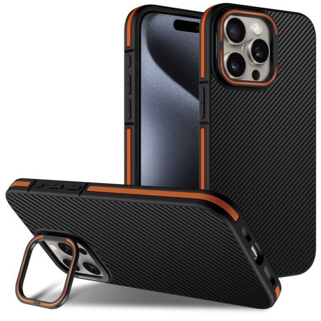 Ударозащитный чехол Carbon Fiber Texture Lens Holder TPU на iPhone 16 Pro - оранжевый