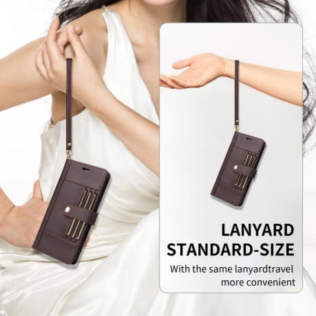 Чехол-книжка Six Card Slots Buckle Leather with Lanyard на Realme C75 - кофейный
