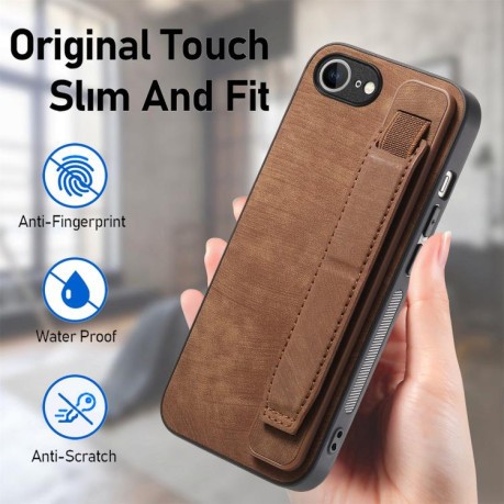 Противоударный чехол Wristband Leather Back для iPhone 16e - коричневый