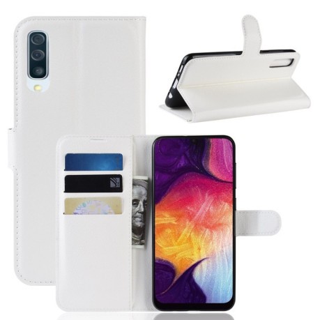 Кожаный чехол- книжка Litchi Texture Samsung Galaxy A50/A30s/A50s- белый