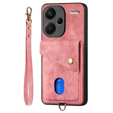 Противоударный чехол Retro Card Wallet Fold Leather для Xiaomi Redmi Note 13 Pro+ - розовый