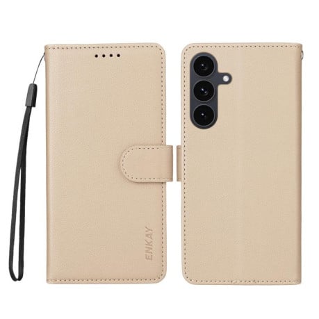 Чохол-книжка ENKAY RFID Blocking Wallet Kickstand з фактурою Litchi та магнітним хлястиком на Samsung Galaxy S25 FE 5G - бежевий