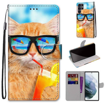 Чехол-книжка Coloured Drawing Cross для Samsung Galaxy S22 Ultra 5G - Cat Drinking Soda