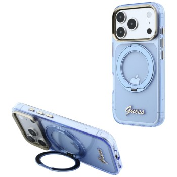 Оригінальний чохол Guess IML Ring Stand 360 Script Metal Logo MagSafe для iPhone 17 Pro Max / 18 Pro Max — синій