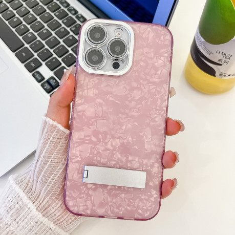 Противоударный чехол Plating Glitter Texture Fold Holder with Lens Film для iPhone 16 Pro Max - Pink Shell Pattern