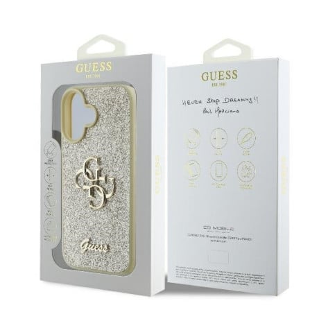 Оригинальный чехол Guess Big Metal Logo Fixed Glitter для iPhone 16 Plus - Gold