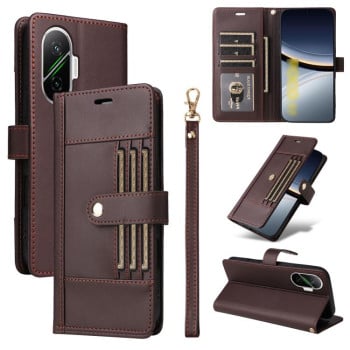 Чехол-книжка Six Card Slots Buckle Leather with Lanyard на на Xiaomi Poco F7 / Xiaomi Redmi Turbo 4 Pro - кофейный