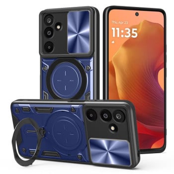 Чехол со шторкой камеры CD фактурой и подставкой на Samsung Galaxy M16 5G - синий