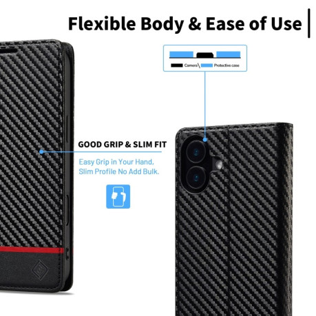 Чехол-книжка LCIMEEKE Carbon Fiber для iPhone 16 - Black