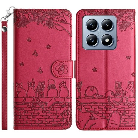 Чохол-книжка Cat Embossing Pattern на Xiaomi 14T Pro - червоний