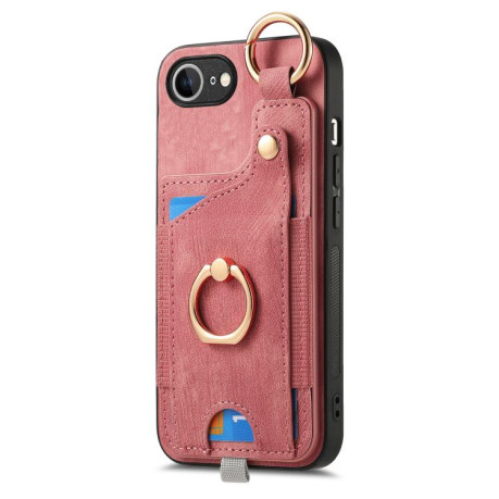 Чехол Retro Skin-feel Ring Card Bag для iPhone 16e - розовый