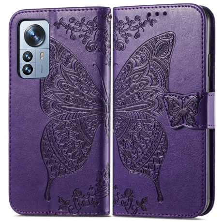 Чехол-книжка Butterfly Love Flower Embossed на Xiaomi 12 Pro - темно-фиолетовый