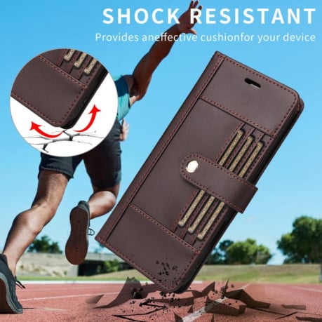 Чехол-книжка Six Card Slots Buckle Leather with Lanyard на Realme C75 - кофейный