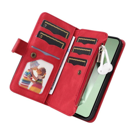 Чехол-книжка Dual-color 9 Card Slots Zipper Wallet Leather для Samsung Galaxy S24 FE 5G - красный