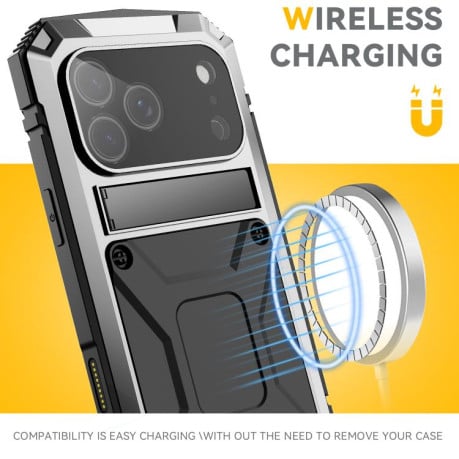 Протиударний чохол R-JUST Metal + Silicone + Tempered Glass Life Waterproof на iPhone 17 Pro - сріблястий