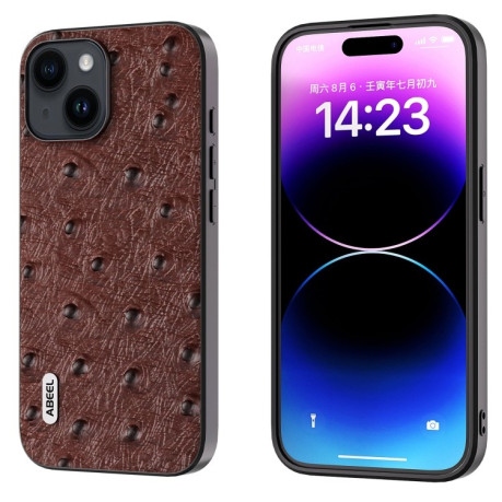 Шкіряний чохол ABEEL Genuine Leather Ostrich Texture для iPhone 15 Plus - кавовий