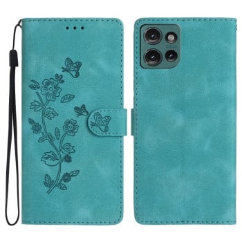 Чехол-книжка Flower Butterfly Embossing для Motorola Edge 50 5G - голубой