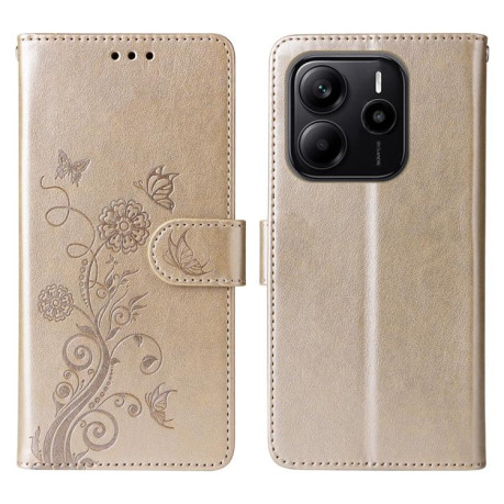 Чохол-книжка Embossed Butterfly Flowers для Xiaomi Redmi Note 14 4G 164.48mm - золотий