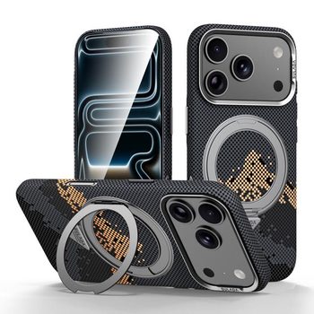 Кевларовий чохол Sulada Kevlar Pixel Grid з поворотним магнітним тримачем на iPhone 18 Pro Max — чорний