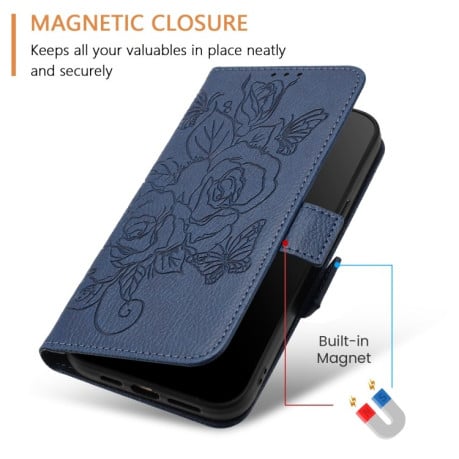 Чехол-книжка Embossed Rose RFID Anti-theft Leather для Realme GT 6T 5G Global - синий