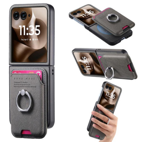 Противоударный чехол Twill Fabric Card Bag Ring Magnetic для Motorola Moto Razr 60 Ultra 5G - сірий