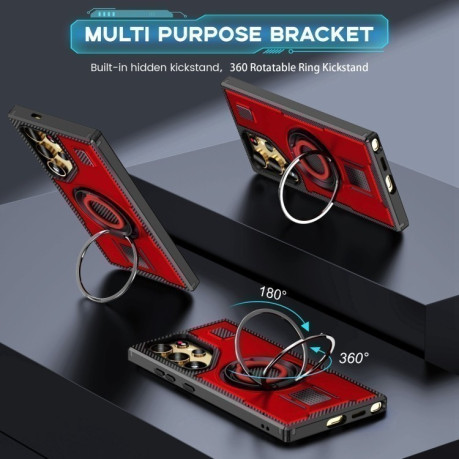 Протиударний чохол Ring Holder Carbon Fiber PC Hybrid TPU  для Samsung Galaxy S25 Ultra 5G - червоний
