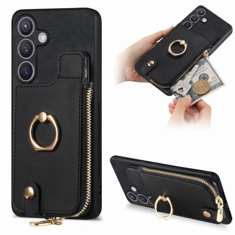 Чохол Cross Leather Ring Vertical Zipper Wallet на Samsung Galaxy S24+ 5G - чорний