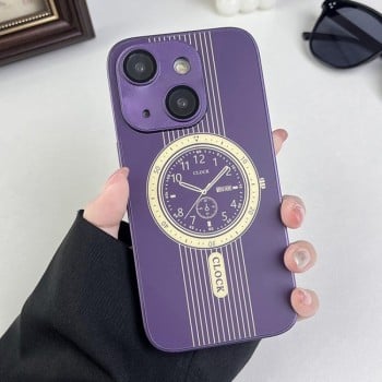 Противоударный чехол Clock Pattern Magnetic Lens Protection на iPhone 15 - фиолетовый