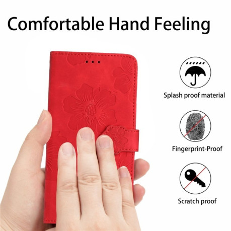 Чехол-книжка Flower Embossing Pattern для Xiaomi Redmi Note 14 4G - красный