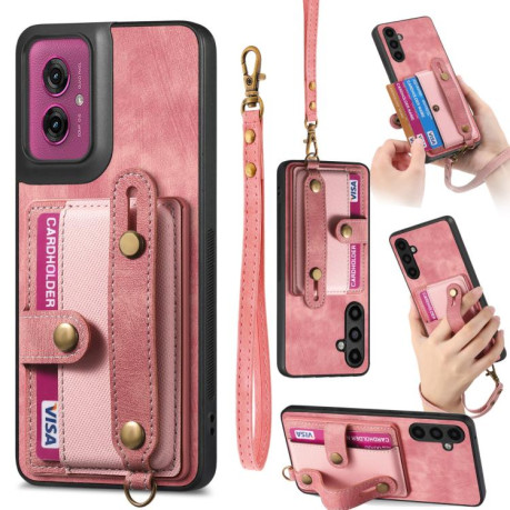 Противоударный чехол Retro Cross Wristband Wallet Leather для Motorola Moto G55 - розовый
