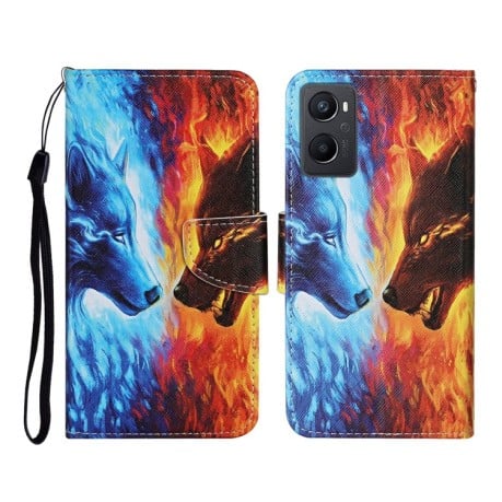 Чехол-книжка Colored Drawing Pattern для Realme 9i/OPPO A76/A96 - Flaming Wolf