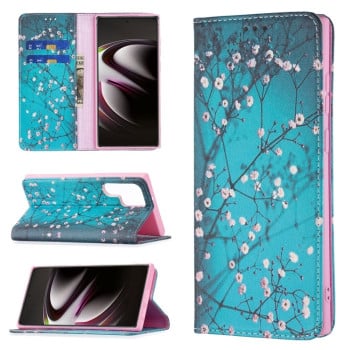 Чехол-книжка Colored Drawing Pattern Invisible для Samsung Galaxy S22 Ultra 5G - Plum Blossom