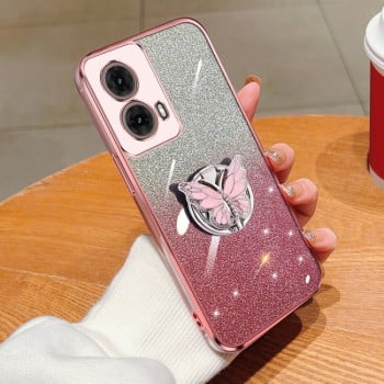 Противоударный чехол Plated Gradient Glitter Butterfly Holder для Motorola Moto G85 - розовый