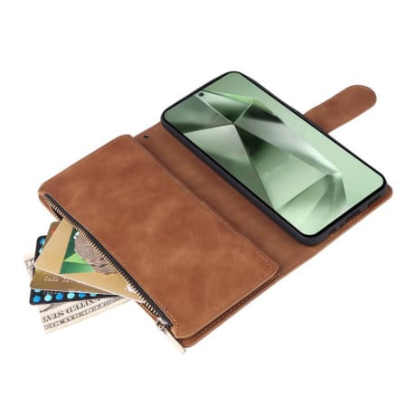 Чехол-книжка Multifunctional Frosted Zipper Wallet с матовой фактурой и ремешком на Samsung Galaxy S25 FE 5G - коричневый