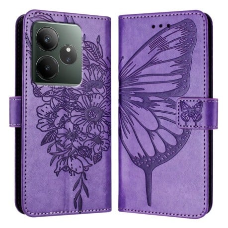 Чехол-книжка Embossed Butterfly для Realme GT 6T 5G Global - фиолетовый