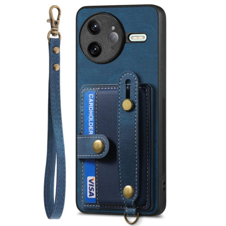 Противоударный чехол Retro Cross Wristband Wallet Leather для Xiaomi Poco F7 Ultra - синий