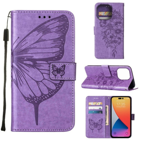 Чехол-книжка Embossed Butterfly для iPhone 14 Pro Max - светло-фиолетовый