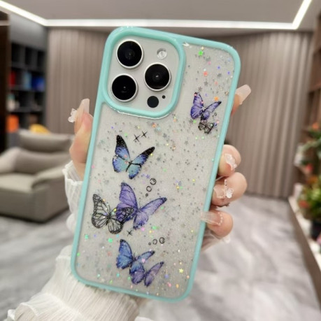 Противоударный чехол Color Butterfly Glitter Epoxy TPU для iPhone 16 Pro - зеленый