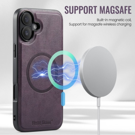 Чехол Fierre Shann Oil Wax Cow Leather Magnetic Card Holder на iPhone 16 - фиолетовый