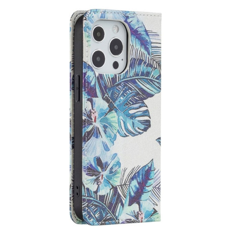 Чехол-книжка Colored Drawing Pattern Invisible для iPhone 13 Pro Max - Blue Leaves
