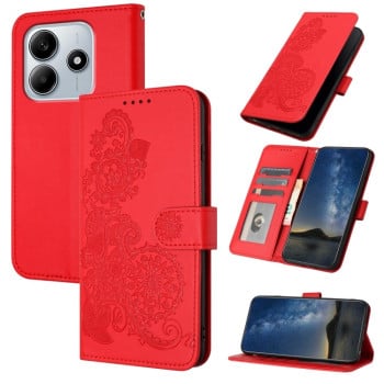 Чехол-книжка Embossed Flower Zipper Leather на Redmi Note 14 5G/Poco M7 Pro 5G - красный